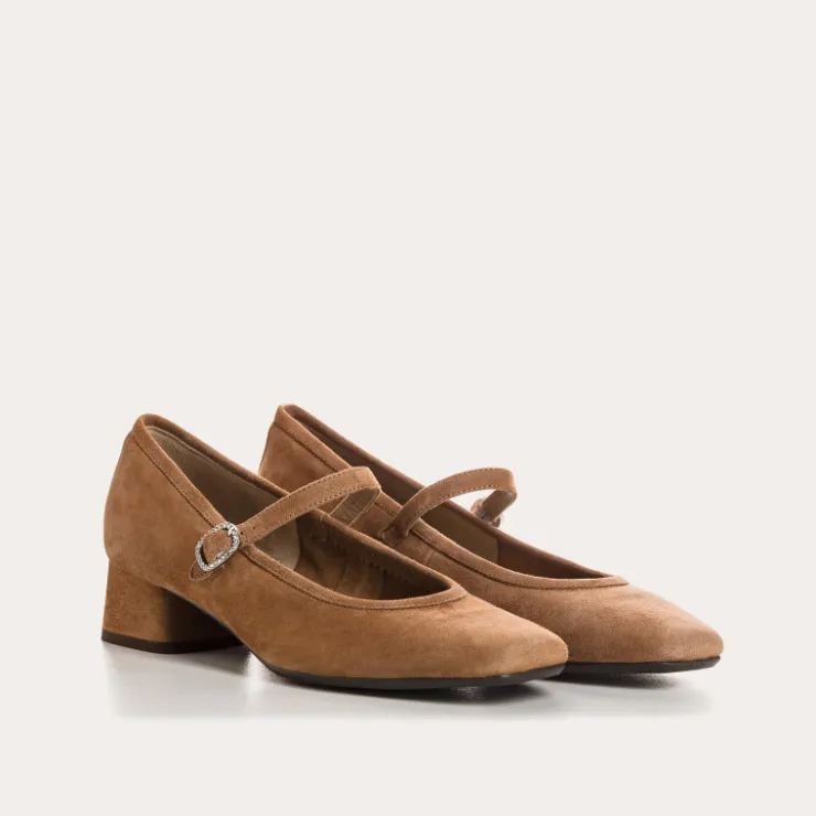 Ballerines & Babies | Toute La Collection | Reqins BABIES A TALONS KELLY STRASS CUIR VELOURS CAMEL