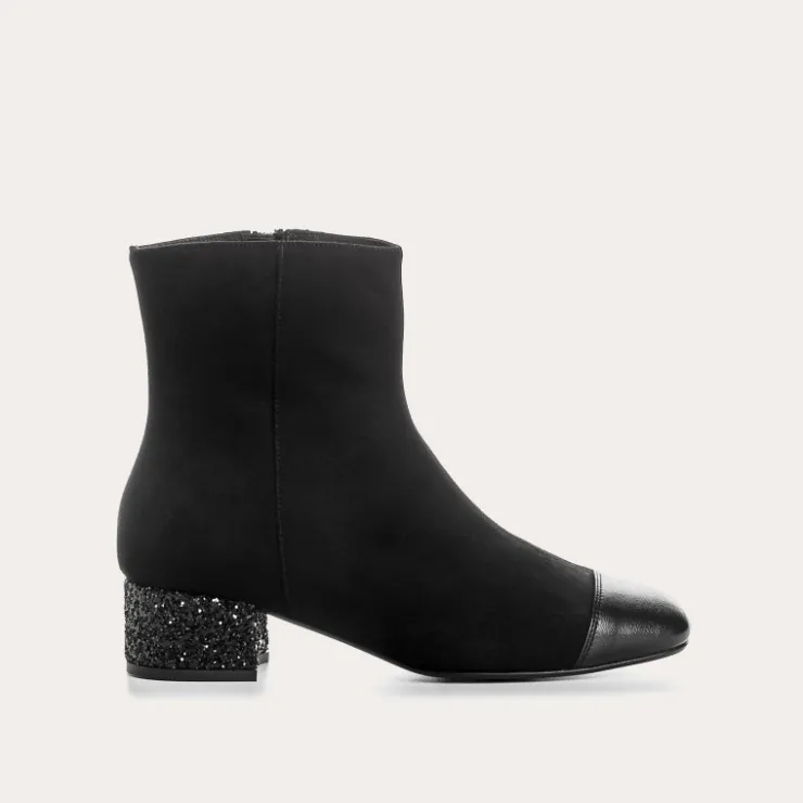 Toute La Collection | Les Iconiques | Reqins BOTTINES A TALONS ROXANE CUIR VELOURS ET GLITTER NOIR