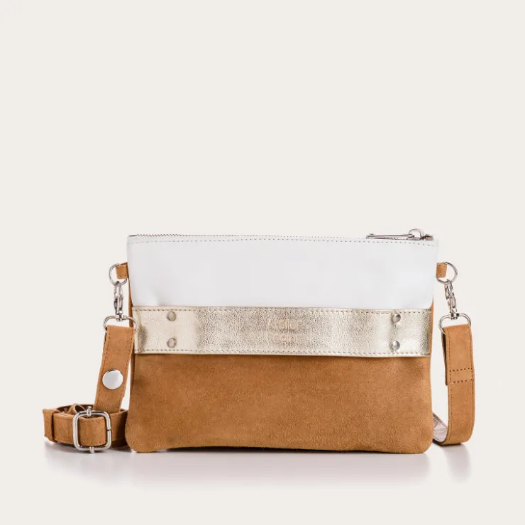 Pochettes | Reqins POCHETTE CARLA CUIR VELOURS CAMEL/BLANC